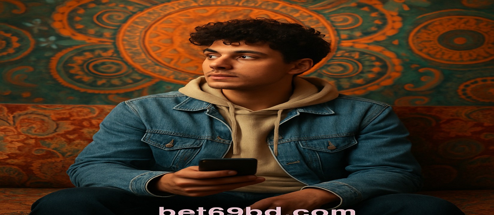 ডেনিম জ্যাকেট পরা একজন ব্যক্তি সোফায় বসে হাতে একটি ফোন নিয়ে 89bd অ্যাপে গেম খেলছেন।