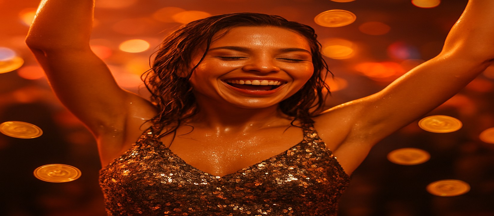 একজন নারী এভিয়েটর জয় উদযাপন করছেন; চারপাশে সোনার কয়েন উড়ে ছড়িয়ে পড়ছে 89bd প্ল্যাটফর্মের বিনোদনমুখর দৃশ্য হিসেবে