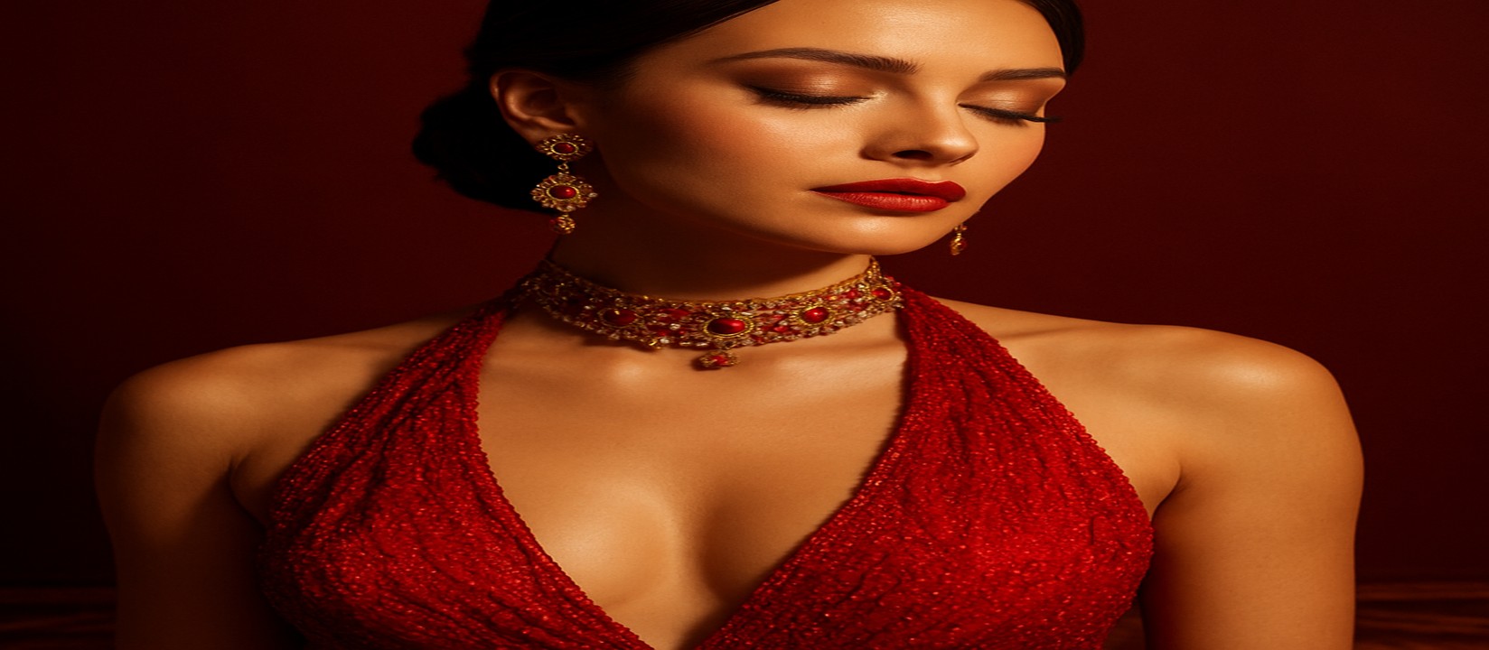 গেমিং প্ল্যাটফর্মের টেবিলে একজন নারী ডিলার আভিজাত্যপূর্ণ লাল পোশাকে উপস্থিত, 89bd