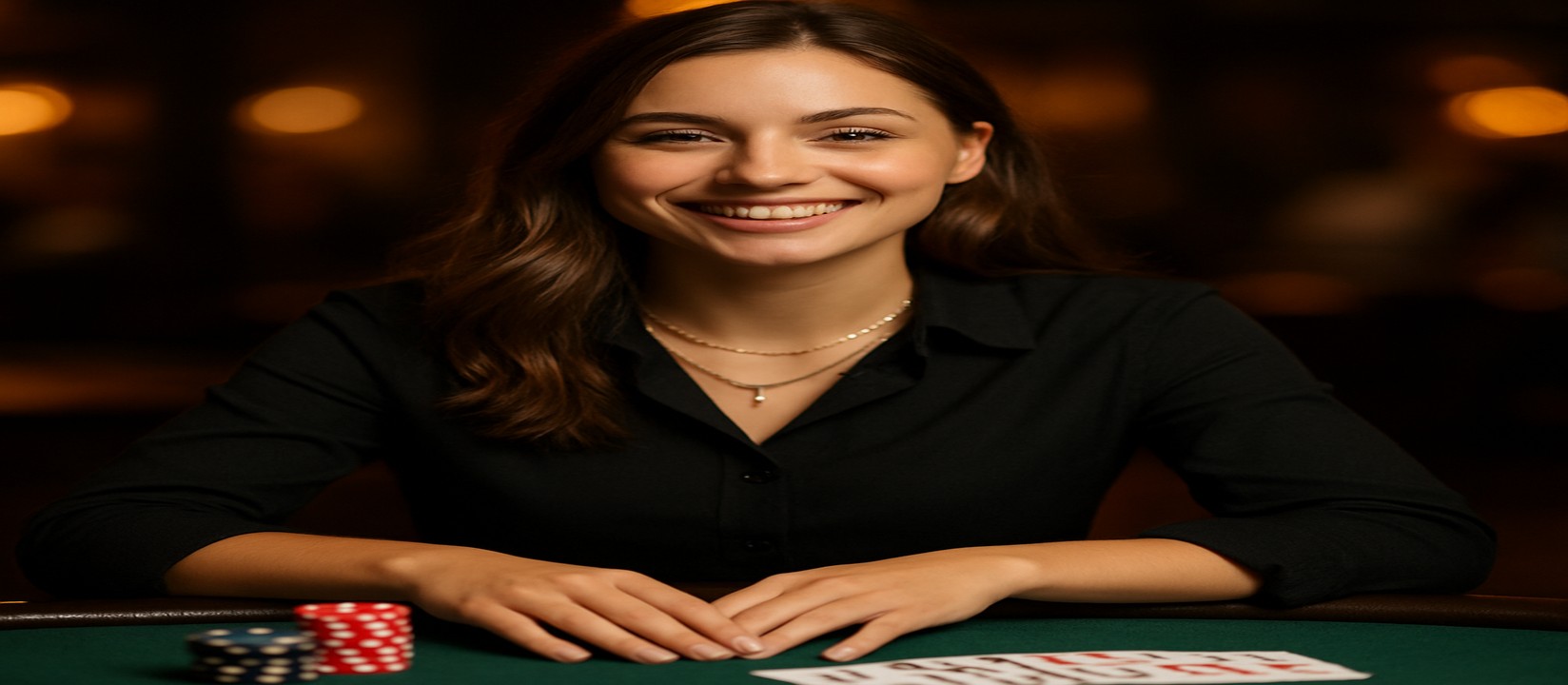 একটি গেমিং প্ল্যাটফর্মে কার্ড টেবিলে হাসিমুখে থাকা এক নারী ডিলার সামনে টোকেন ও কার্ড রেখে 89bd ব্র্যান্ডের বিস্তৃত খেলার নির্বাচন উপস্থাপন করছেন।