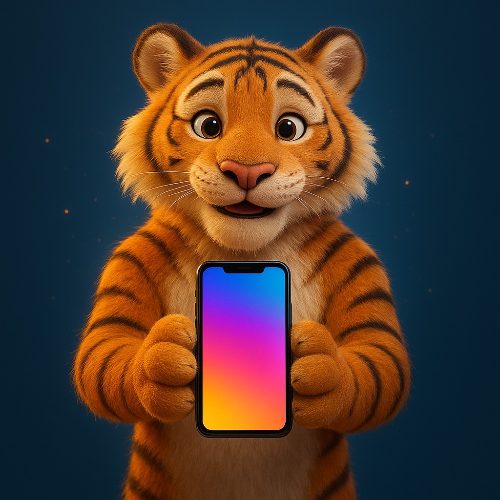 একটি কার্টুন টাইগার শাবক তার মুঠোয় একটি স্মার্টফোন ধরে আছে, 89bd অ্যাপটি দ্রুত ও নির্ভরযোগ্য।