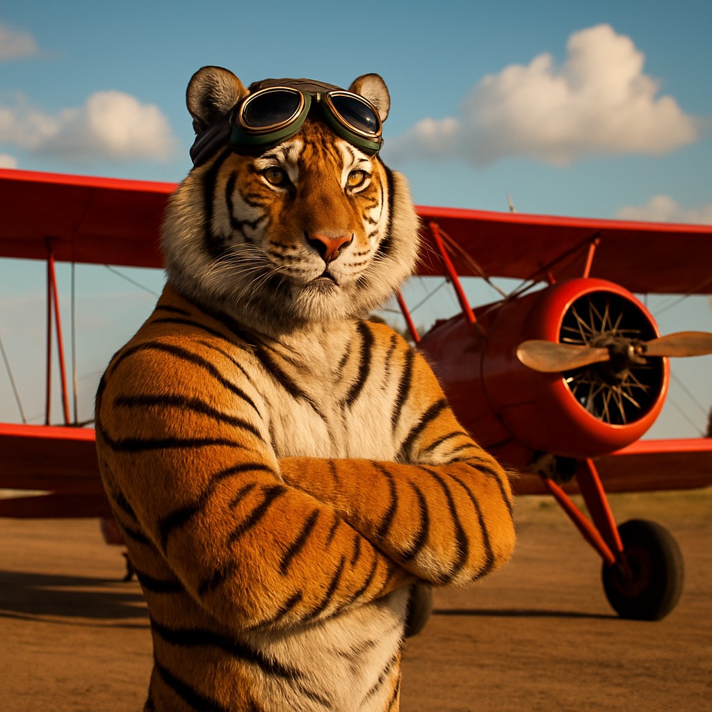 একজন বাঘ-পাইলট লাল রঙের পুরোনো বিমানের পাশে দাঁড়িয়ে এভিয়েটর গেমের থিমকে প্রতিনিধিত্ব করছেন 89bd
