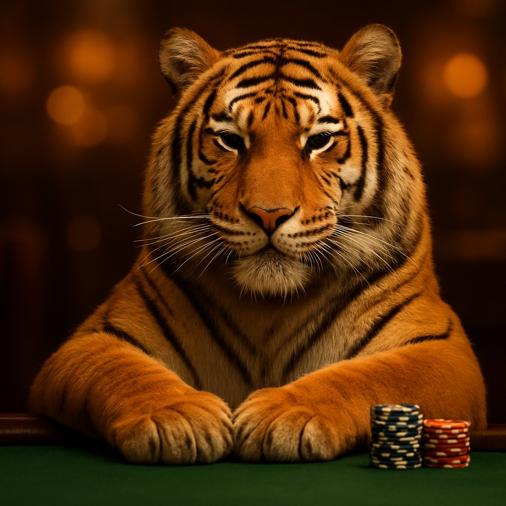 89bd গেমিং প্ল্যাটফর্মে একটি হাসিখুশি বাঘছানাটি চিপসমেত টেবিলে বসে আছে