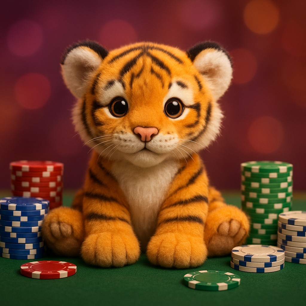 একটি ছোট বাঘ শাবক একটি টেবিলের ওপর 89bd ব্র্যান্ডের খেলার টোকেনসহ বসে আছে।