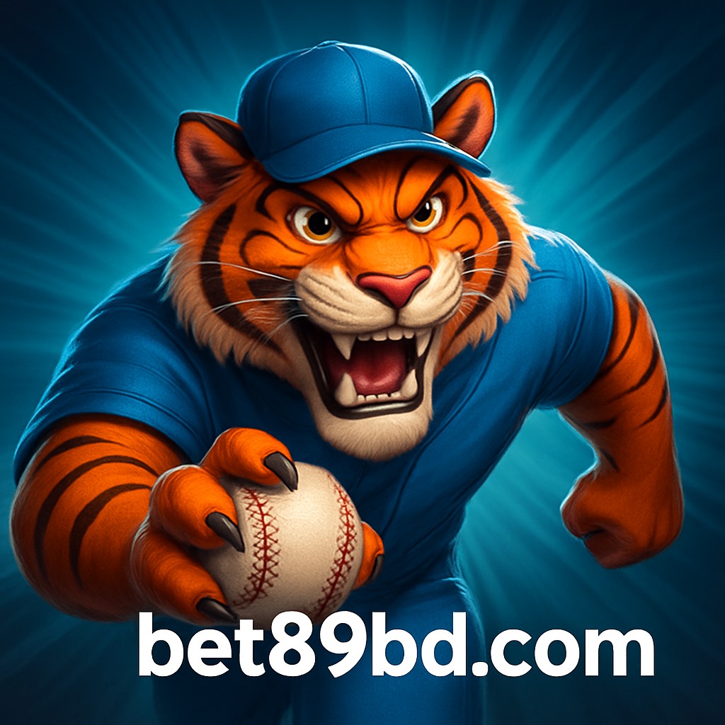 একটি হাসিখুশি বাঘের বাচ্চা, ইউনিফর্ম পরা, তার খুরে একটি বল ধরে, 89bd-এ ক্রিকেট-গেমিংকে প্রতিনিধিত্ব করে