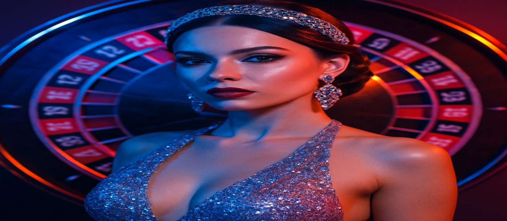 একজন সিকুইন-সজ্জিত পোশাক পরা নারী 89bd গেমিং প্ল্যাটফর্ম চাকার সামনে পোজ দিচ্ছেন।